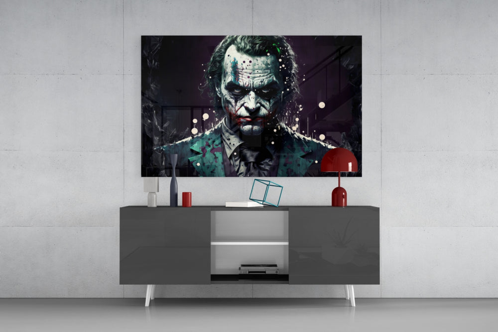 Joker panel catching lamp light to reveal its venomous gravity