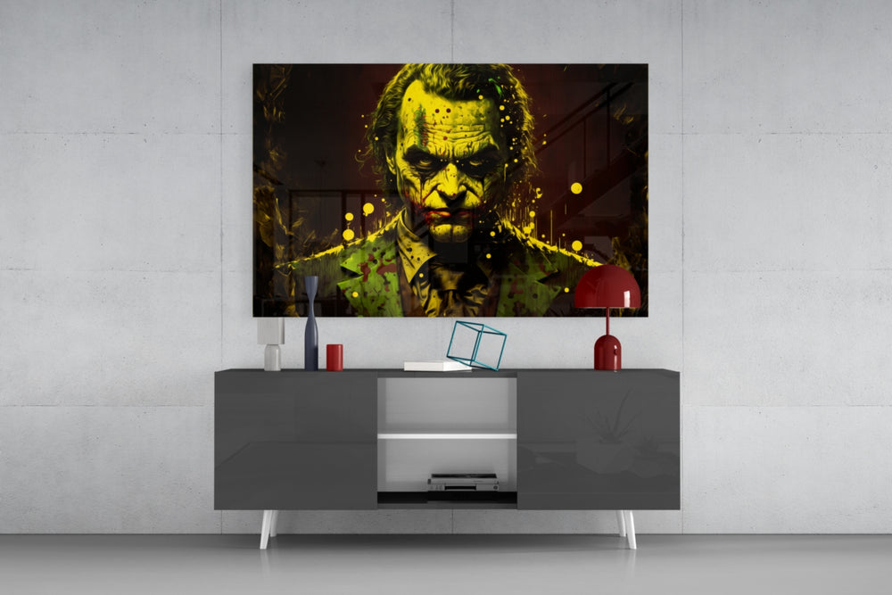 Joker panel catching lamp light to reveal its toxic gravitas