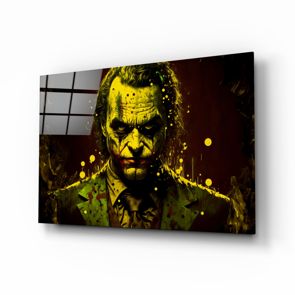 Joker glass wall art displayed above a leather sofa in a moody man cave with brass sconces