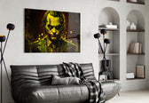 Joker glass wall art styled above a console in a study