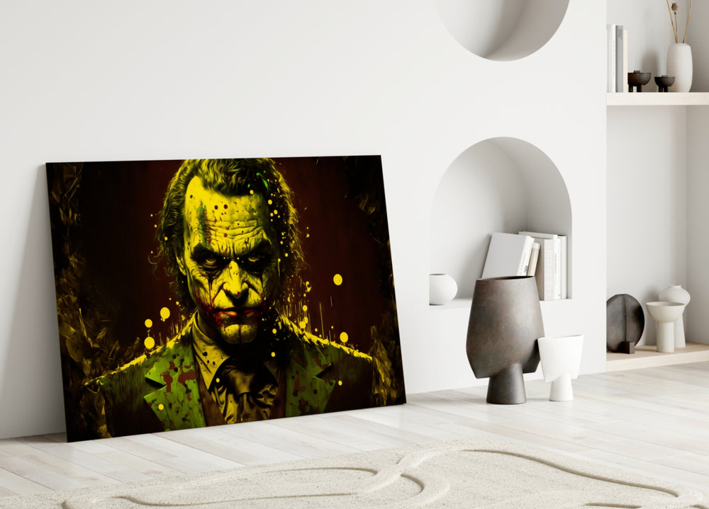 Joker close-up showing chartreuse pallor and gold splatters