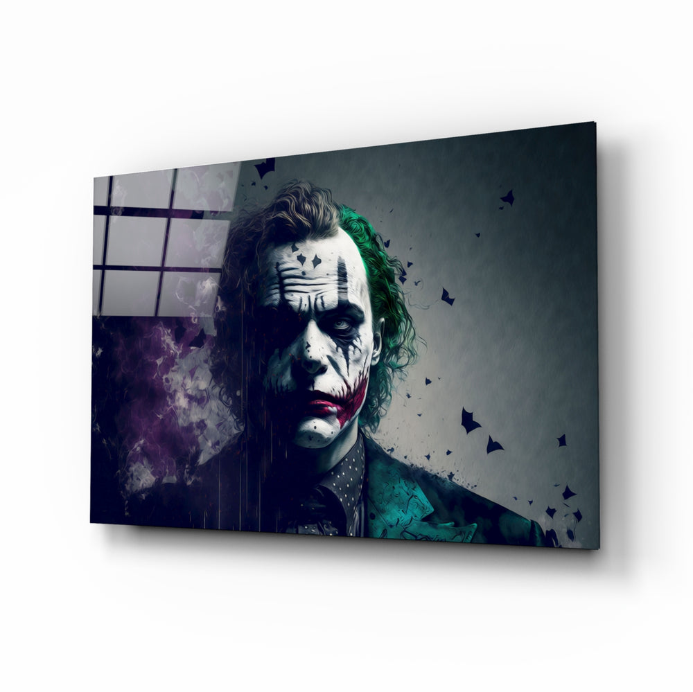 Joker glass wall art displayed above a leather sofa in a moody man cave with brass sconces