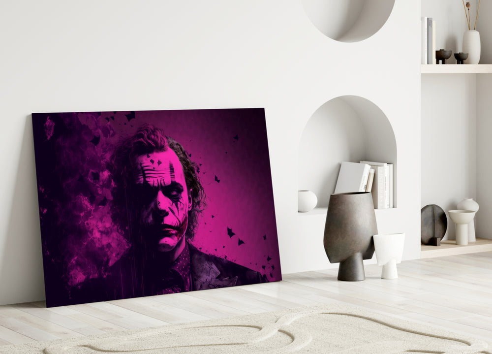 Joker close-up showing white painted skin in magenta wash with scattering bats