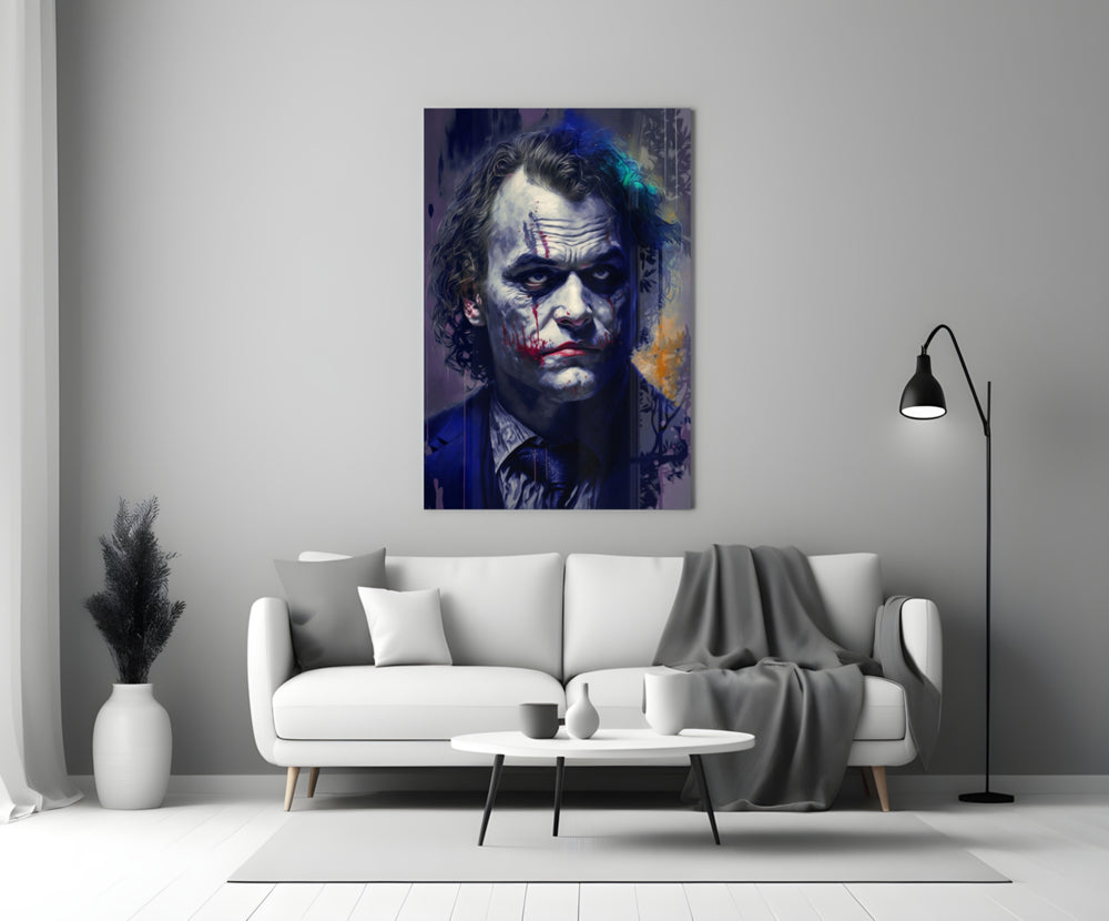 Joker close-up showing ghost-white skin streaked with crimson runs