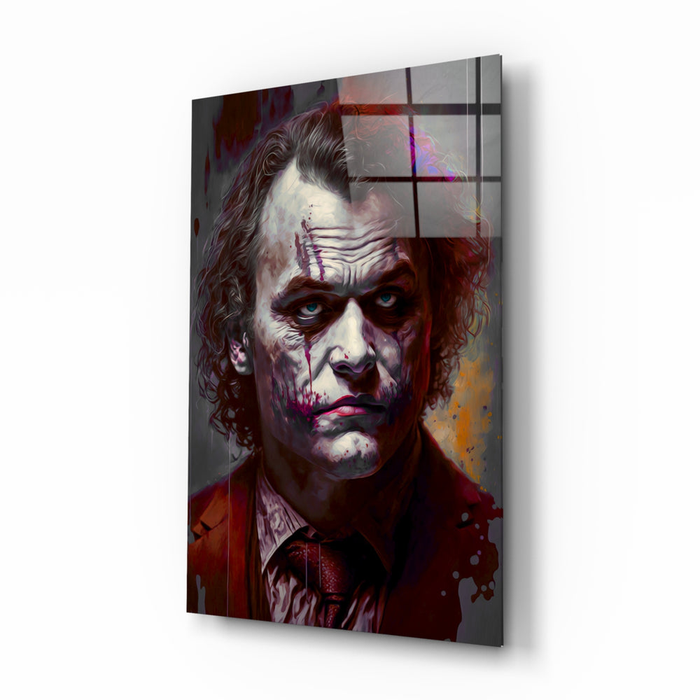 Joker glass wall art displayed above a leather sofa in a moody man cave with brass sconces