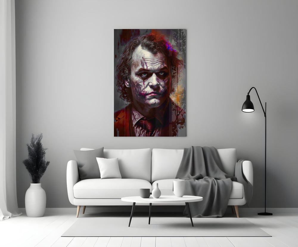 Joker close-up showing ghost-white skin in wine-dark curls with amber flare