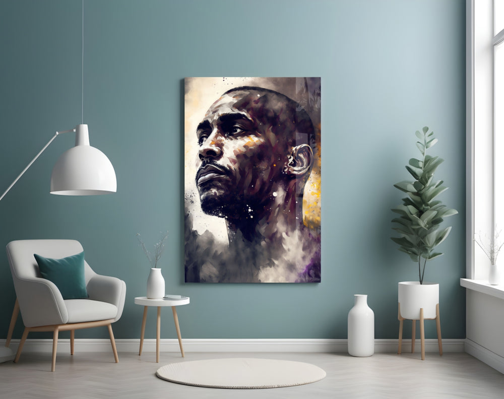 Kobe Bryant glass wall art styled above a console in a games room