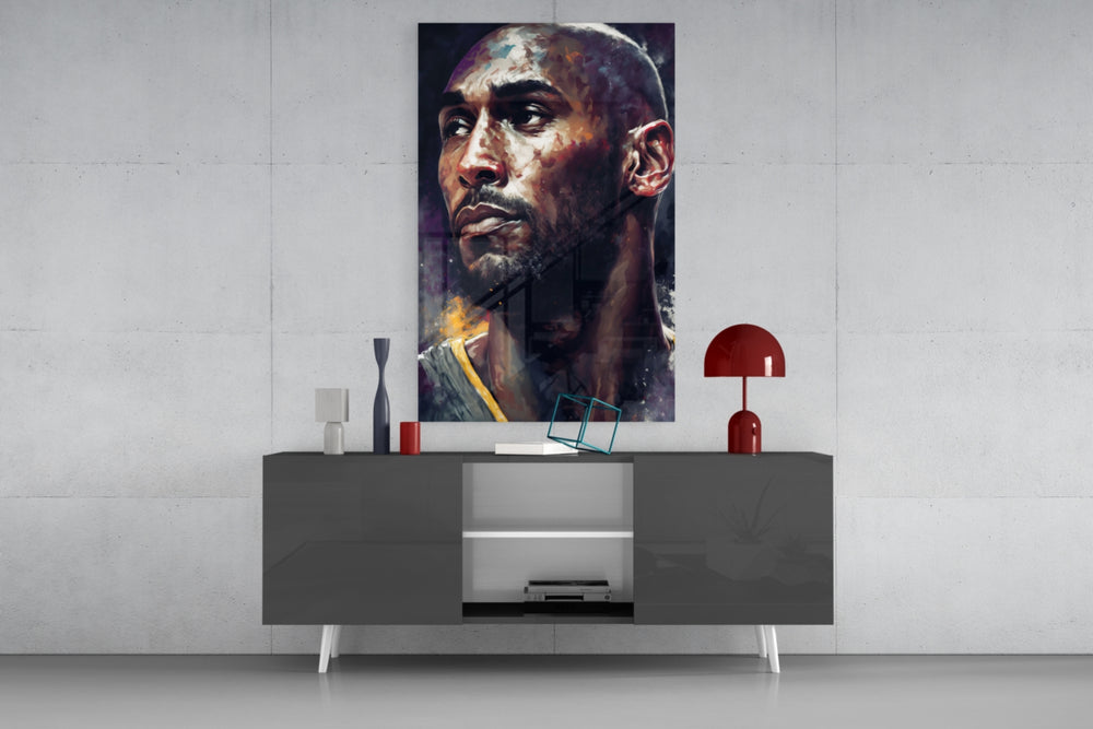 Kobe Bryant panel catching lamp light to reveal its solemn gravity