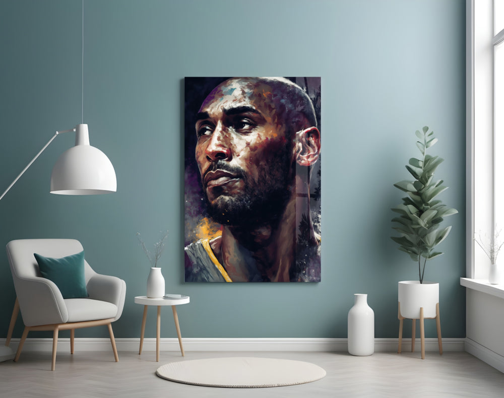 Kobe Bryant glass wall art styled above a console in a games room