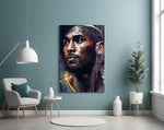 Kobe Bryant glass wall art styled above a console in a games room