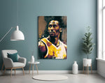 Kobe Bryant glass wall art styled above a console in a games room