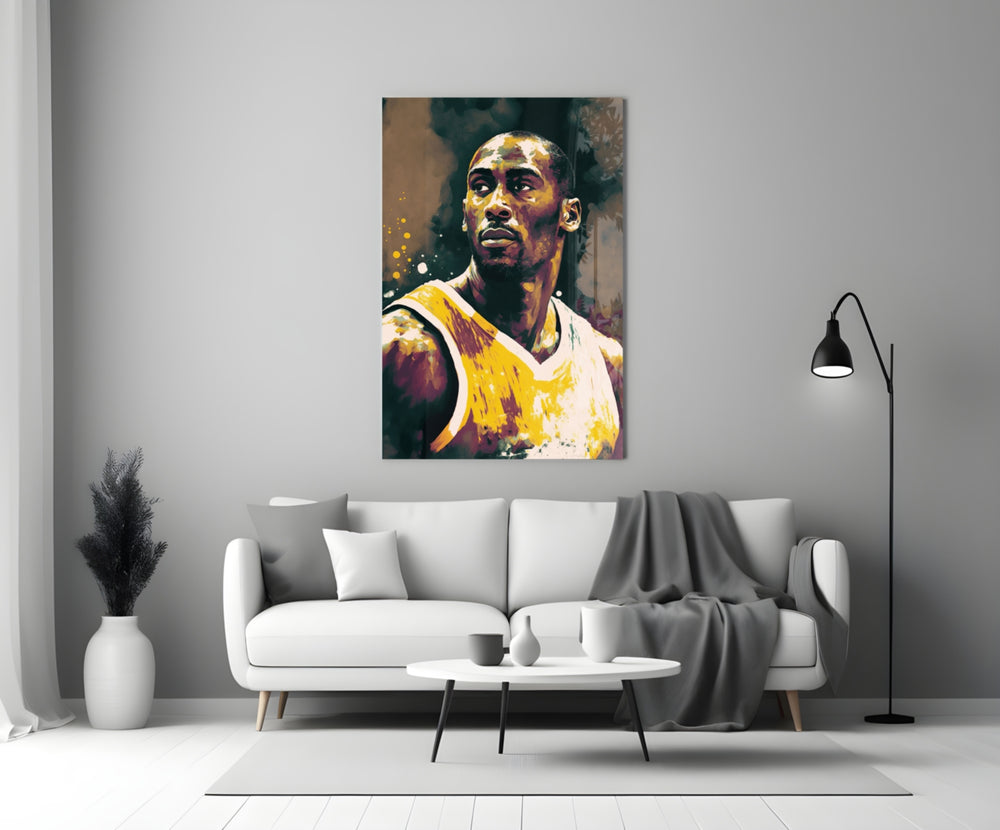 Kobe Bryant close-up showing gold-and-white Lakers jersey
