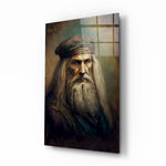 Leonardo da Vinci glass wall art displayed above a walnut desk in a moody study with brass sconces