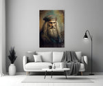 Leonardo da Vinci close-up showing ivory beard cascading past a teal-collared robe