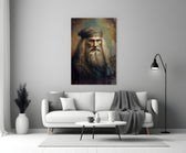 Leonardo da Vinci close-up showing ivory beard cascading past a teal-collared robe
