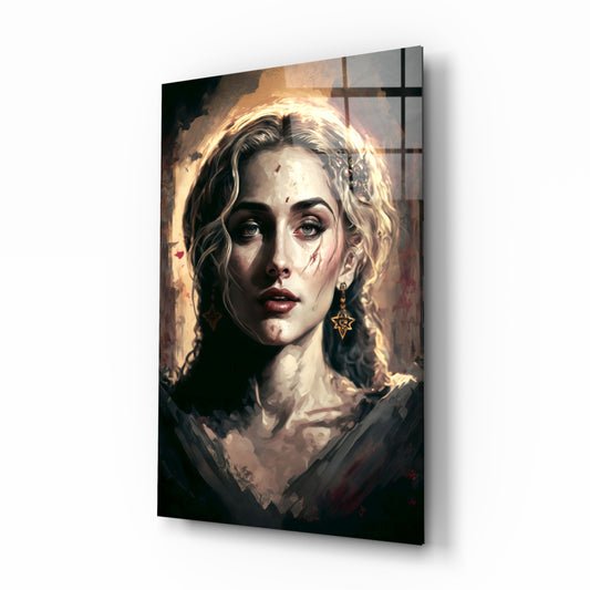 Madonna glass wall art displayed above a low dresser in a serene master bedroom with cream linens