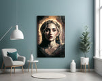 Madonna glass wall art styled above a reading nook with linen armchair