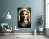 Madonna glass wall art styled above a reading nook with linen armchair
