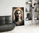 Madonna panel adding contemplative grace to a hallway with brass sconces