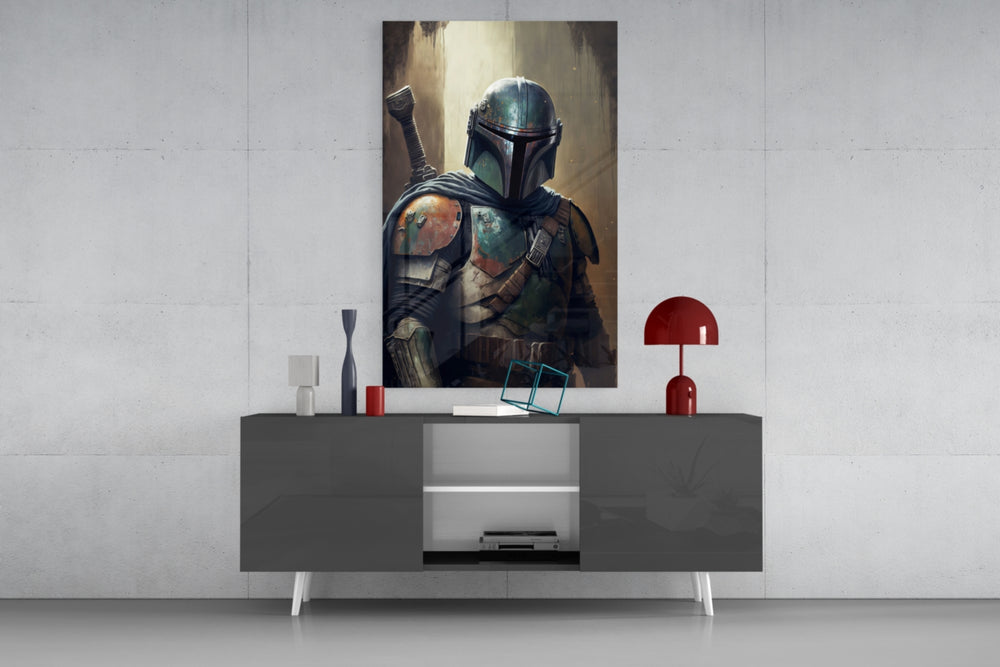 Boba Fett panel catching lamp light to reveal its weathered steel grit