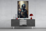 Boba Fett panel catching lamp light to reveal its weathered steel grit
