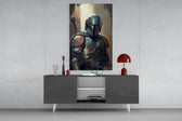 Boba Fett panel catching lamp light to reveal its weathered steel grit