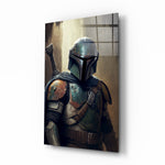 Boba Fett glass wall art displayed above a leather sofa in a man cave with brass sconces