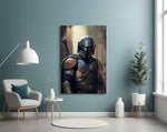 Mandalorian glass wall art styled above a console in a teen lounge