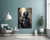 Mandalorian glass wall art styled above a console in a teen lounge