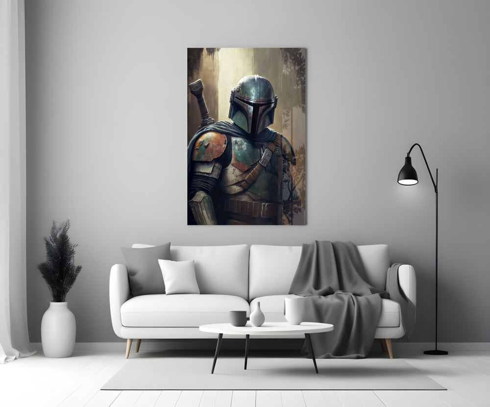 Boba Fett close-up showing copper-teal helmet patina and rifle silhouette