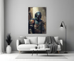 Boba Fett close-up showing copper-teal helmet patina and rifle silhouette