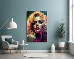 Marilyn glass wall art styled above a velvet bench in a powder room
