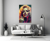Marilyn close-up showing platinum curls and red lips in oil-paint texture