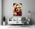 Marilyn close-up showing platinum curls and red lips in crimson wash