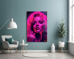 Marilyn glass wall art styled above a velvet bench in a powder room with LED accents