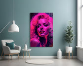 Marilyn glass wall art styled above a velvet bench in a powder room with LED accents