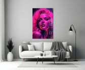 Marilyn close-up showing platinum curls and red lips in magenta rim-light
