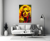 Marilyn close-up showing platinum curls and red lips in golden sun-light