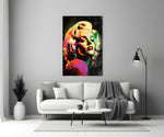 Marilyn close-up showing platinum curls splashed with neon splatter and red lips