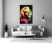 Marilyn close-up showing platinum curls splashed with neon splatter and red lips