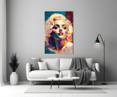 Marilyn close-up showing platinum curls dissolving into cyan and pink splatter