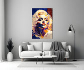 Marilyn close-up showing platinum curls dissolving into lapis and saffron splatter