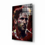 Messi glass wall art displayed above a leather sofa in a man cave with stadium pulse