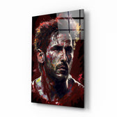 Messi glass wall art displayed above a leather sofa in a man cave with stadium pulse