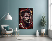 Messi glass wall art styled above a console in a sports lounge