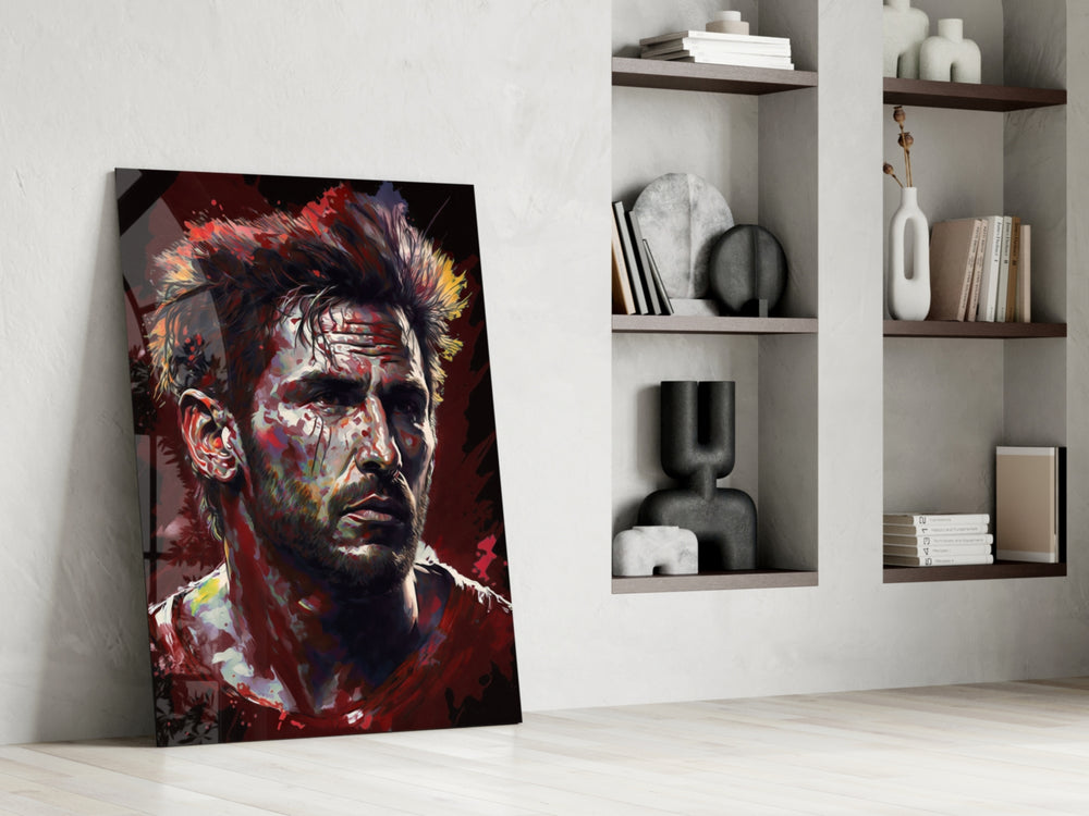 Messi glass print enhancing a hallway with athletic palette