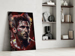 Messi glass print enhancing a hallway with athletic palette