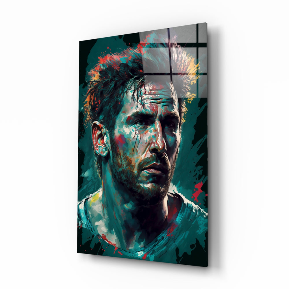 Messi glass wall art displayed above a leather sofa in a man cave with stadium pulse
