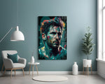 Messi glass wall art styled above a console in a sports lounge