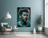 Messi glass wall art styled above a console in a sports lounge